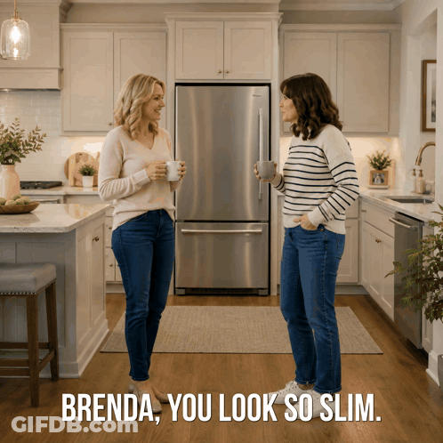 Two Women Standing In A Kitchen With The Words Brenda You Look So Slim On The Bottom GIF