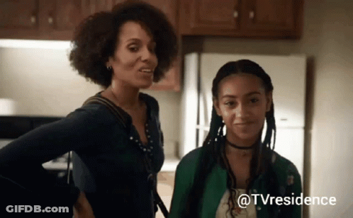 Two Women Standing Next To Each Other In A Kitchen With The Hashtag Tvresidence GIF