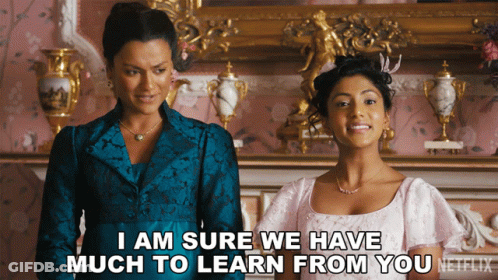 Two Women Standing Next To Each Other Saying I Am Sure We Have Much To Learn From You GIF