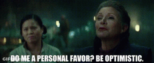 Two Women Standing Next To Each Other With The Words Do Me A Personal Favor Be Optimistic On The Bottom GIF
