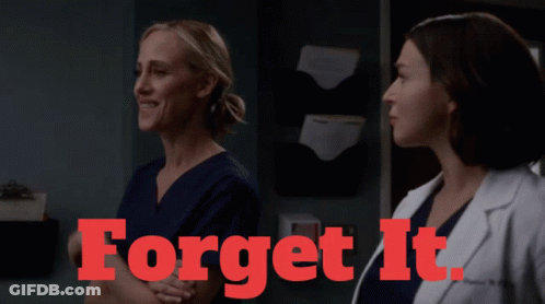 Two Women Standing Next To Each Other With The Words " Forget It " In Red GIF