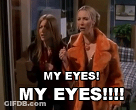 Two Women Standing Next To Each Other With The Words " My Eyes My Eyes !!! " GIF