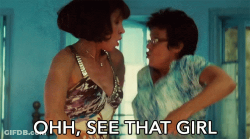 Two Women Standing Next To Each Other With The Words Ohh See That Girl Written Below Them GIF