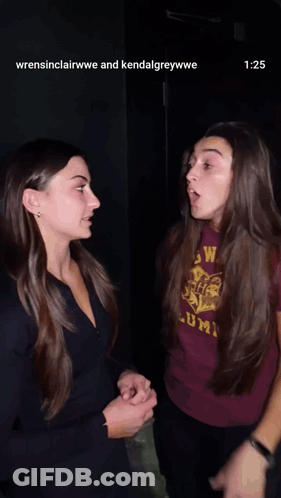 Two Women Standing Next To Each Other With The Words Okay So This Is Our Last Chance On The Bottom GIF