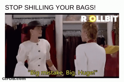 Two Women Standing Next To Each Other With The Words " Stop Shilling Your Bags " Above Them GIF