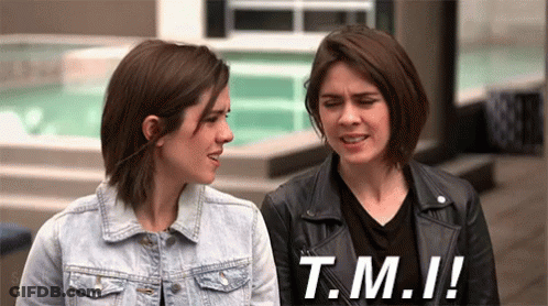 Two Women Standing Next To Each Other With The Words T.m.i. On The Bottom Right GIF