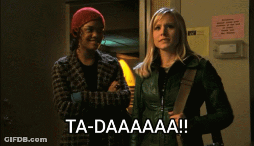 Two Women Standing Next To Each Other With The Words Ta-Daaaaa On The Bottom GIF