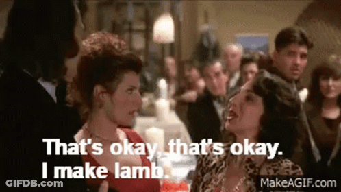 Two Women Standing, One Says That's Okay I Make Lamb GIF