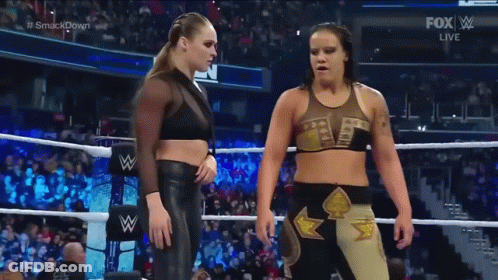 Two Women Talking In Wrestling Ring GIF