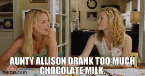 Two Women Talking While Aunty Allison Drinks Chocolate Milk GIF