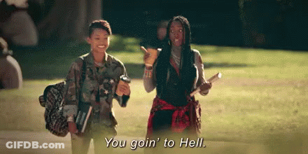 Two Women Walking Sidewalk Saying You Goin To Hell GIF