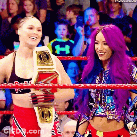 Two Women With Purple Hair In Wrestling Ring GIF