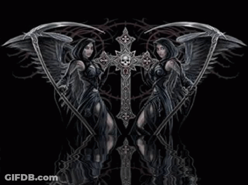 Two Women With Scythes And Cross GIF