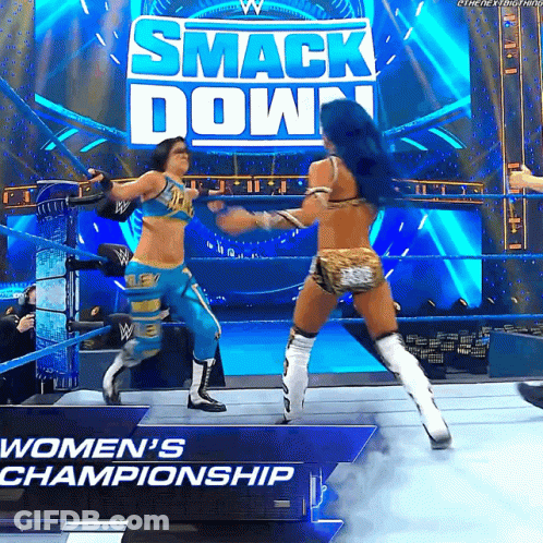 Two Women Wrestling In Front Of Smack Down Women's Championship Sign GIF