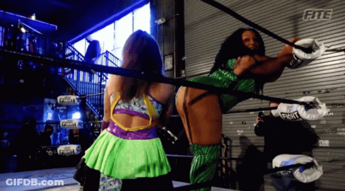 Two Women Wrestling In Ring With Fite Sign GIF