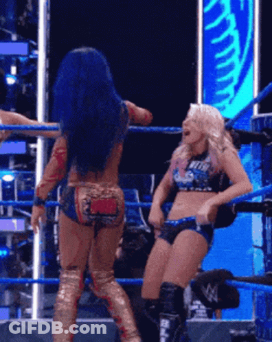 Two Women Wrestling In Ring With Smack Down Shirt GIF
