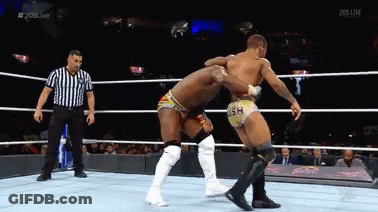 Two Wrestlers And Referee In Ring With 205 Live GIF