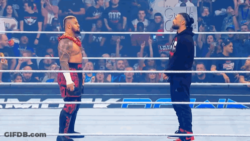 Two Wrestlers Are Facing Each Other In A Wrestling Ring With A Crowd Watching GIF