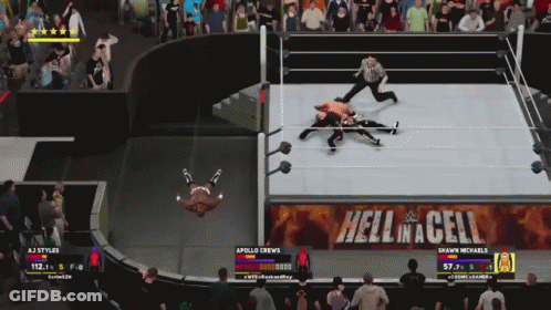 Two Wrestlers Are Fighting In A Ring With A Banner That Says Hell In A Cell GIF