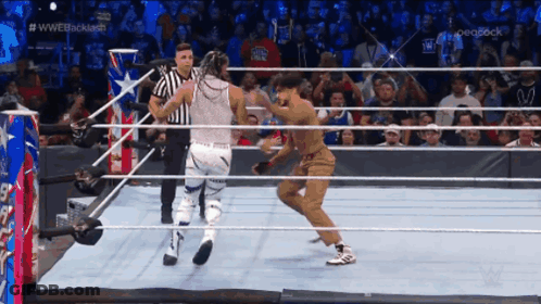 Two Wrestlers Are Fighting In A Wrestling Ring While A Referee Watches GIF