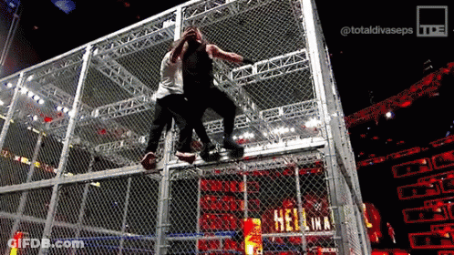 Two Wrestlers Are In A Cage With The Word Hellina On The Wall GIF