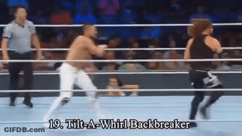 Two Wrestlers Are In A Ring With The Words Tilt-A-Whirl Backbreaker Written On The Bottom GIF