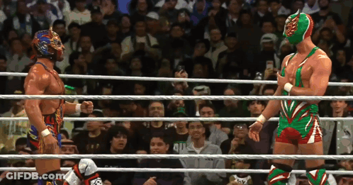 Two Wrestlers Are Standing In A Ring With A Crowd Behind Them And One Of Them Has A Mask On GIF