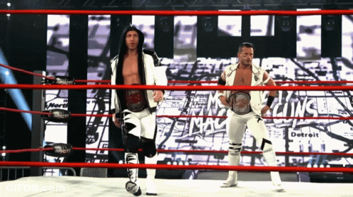 Two Wrestlers Are Standing In A Ring With The Word Detroit In The Background GIF