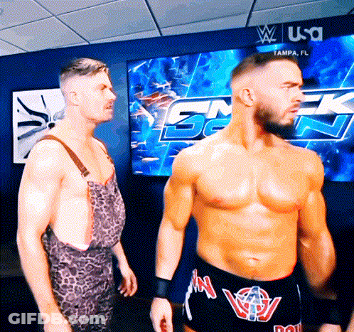 Two Wrestlers Are Standing In Front Of A Screen That Says Tampa Fl GIF