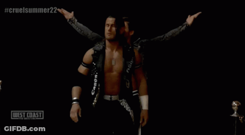 Two Wrestlers Are Standing In Front Of A Sign That Says West Coast Wrestling GIF
