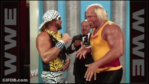 Two Wrestlers Are Standing Next To Each Other In Front Of A Banner That Says Wwe GIF