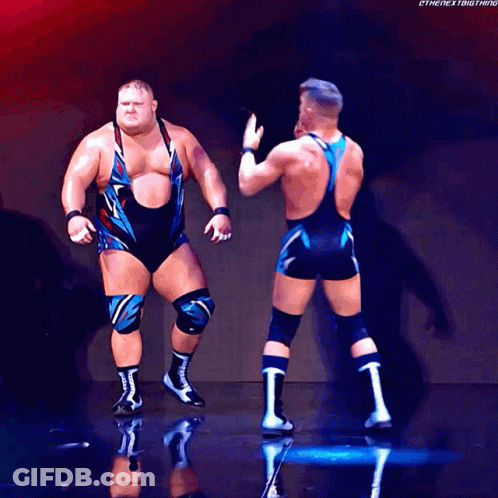 Two Wrestlers Are Standing Next To Each Other With The Hashtag Thenextbigthing GIF