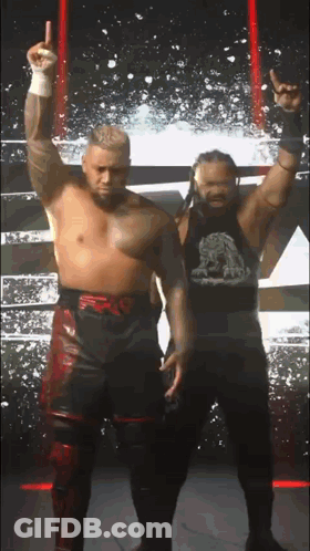 Two Wrestlers Are Standing Next To Each Other With Their Hands In The Air GIF