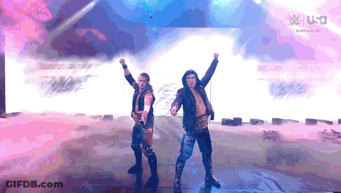 Two Wrestlers Are Standing On A Stage With Their Arms In The Air In Front Of A Screen That Says W Usa GIF