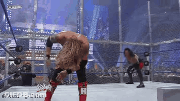 Two Wrestlers Are Wrestling In A Ring With A Fence In The Background . GIF