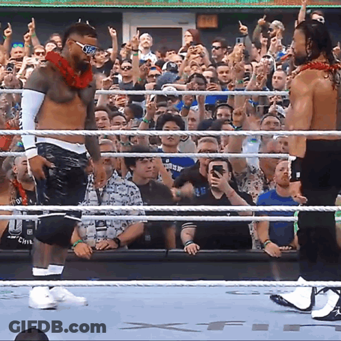 Two Wrestlers In A Ring With A Crowd Behind Them GIF