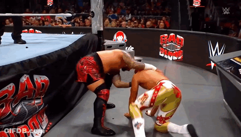 Two Wrestlers In A Wrestling Ring With A Sign That Says Bad Blood GIF