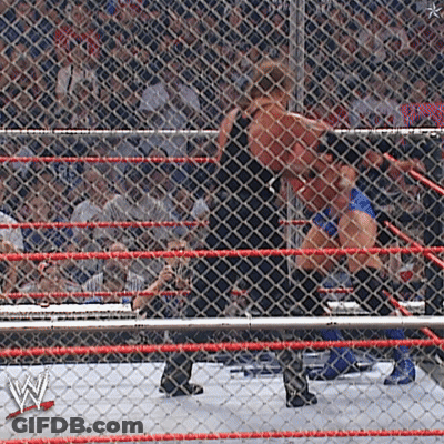 Two Wrestlers In A Wrestling Ring With A W Logo On The Side GIF