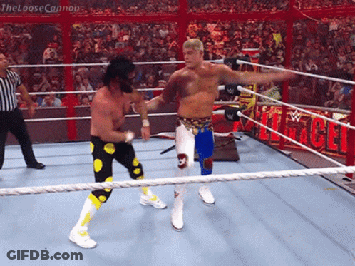 Two Wrestlers In A Wrestling Ring With The Loose Cannon Written On The Side GIF