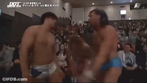 Two Wrestlers In Front Of Crowd Saying Dot GIF