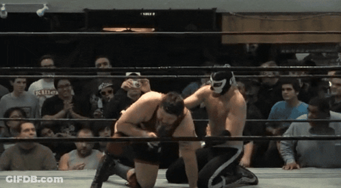Two Wrestlers In Ring, One Masked With Killer Shirt GIF