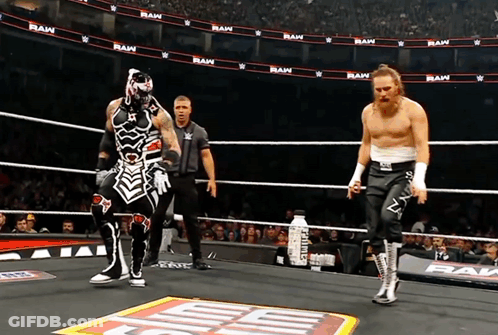 Two Wrestlers In Ring Saying Raw GIF