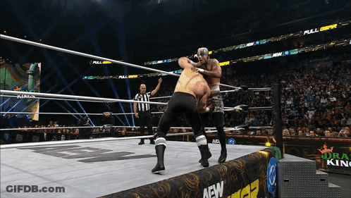 Two Wrestlers In Ring With AEW Sign GIF