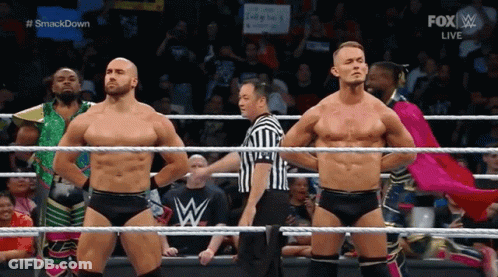 Two Wrestlers In Ring With Referee GIF