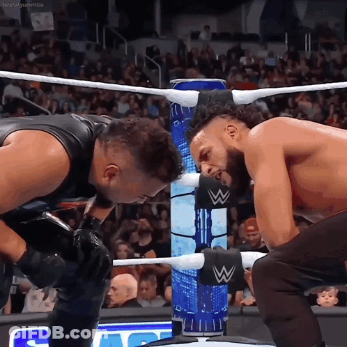 Two Wrestlers In Wrestling Ring With Letter W GIF
