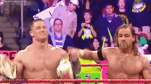 Two Wrestlers Standing In Ring GIF