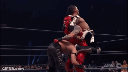 Two Wrestlers Wrestling In Ring With AEW Sign GIF