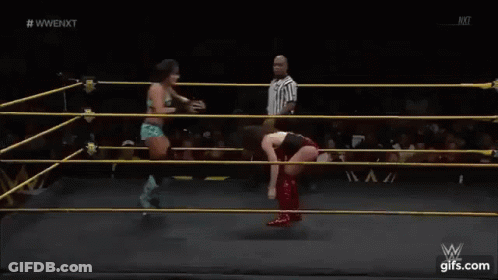 Two Wrestlers Wrestling In Ring With Referee GIF
