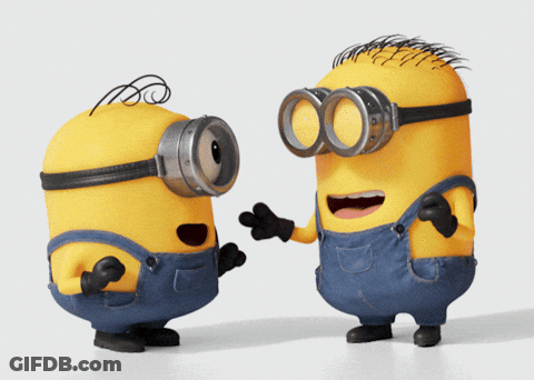 Two Yellow Minions Wearing Goggles And Overalls GIF