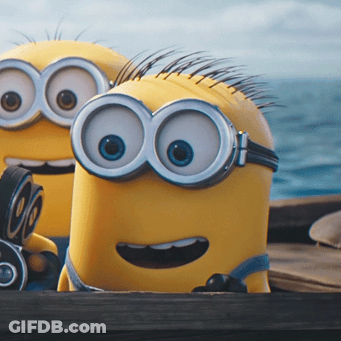 Two Yellow Minions Wearing Goggles Sitting On Dock GIF